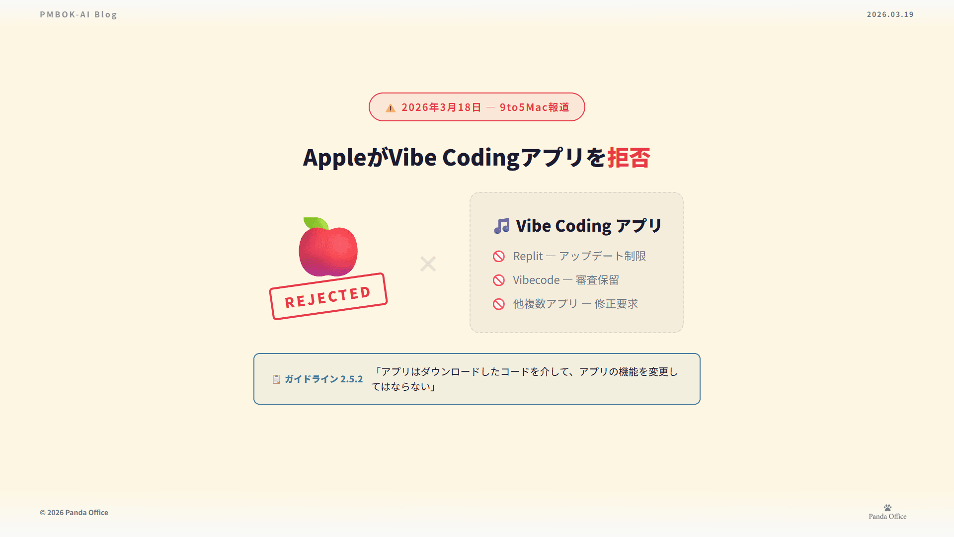 AppleがVibe Codingアプリを拒否 — 2026年3月18日 9to5Mac報道