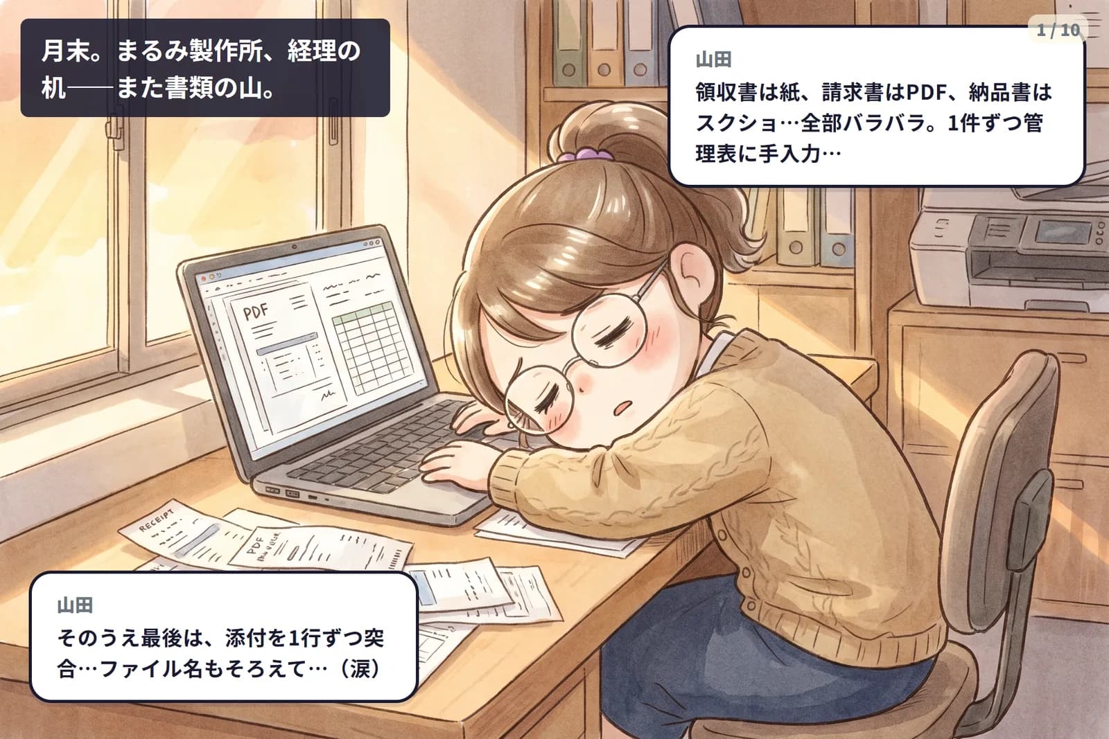 コマ1 経理の山田さんが、紙の領収書・PDF・スクショをバラバラに管理表へ手入力し残業