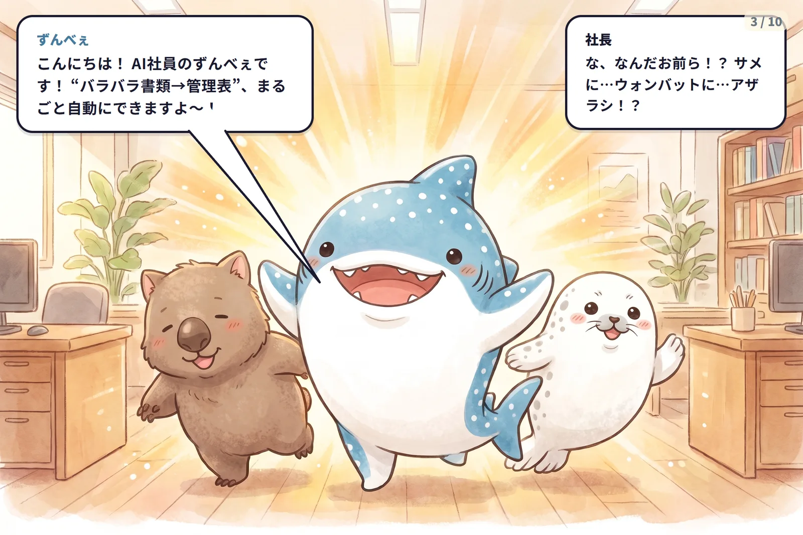 コマ3 AI社員チーム（ずんべぇ・うぉんば・あざらす）が登場し「バラバラ書類→管理表をまるごと自動に」