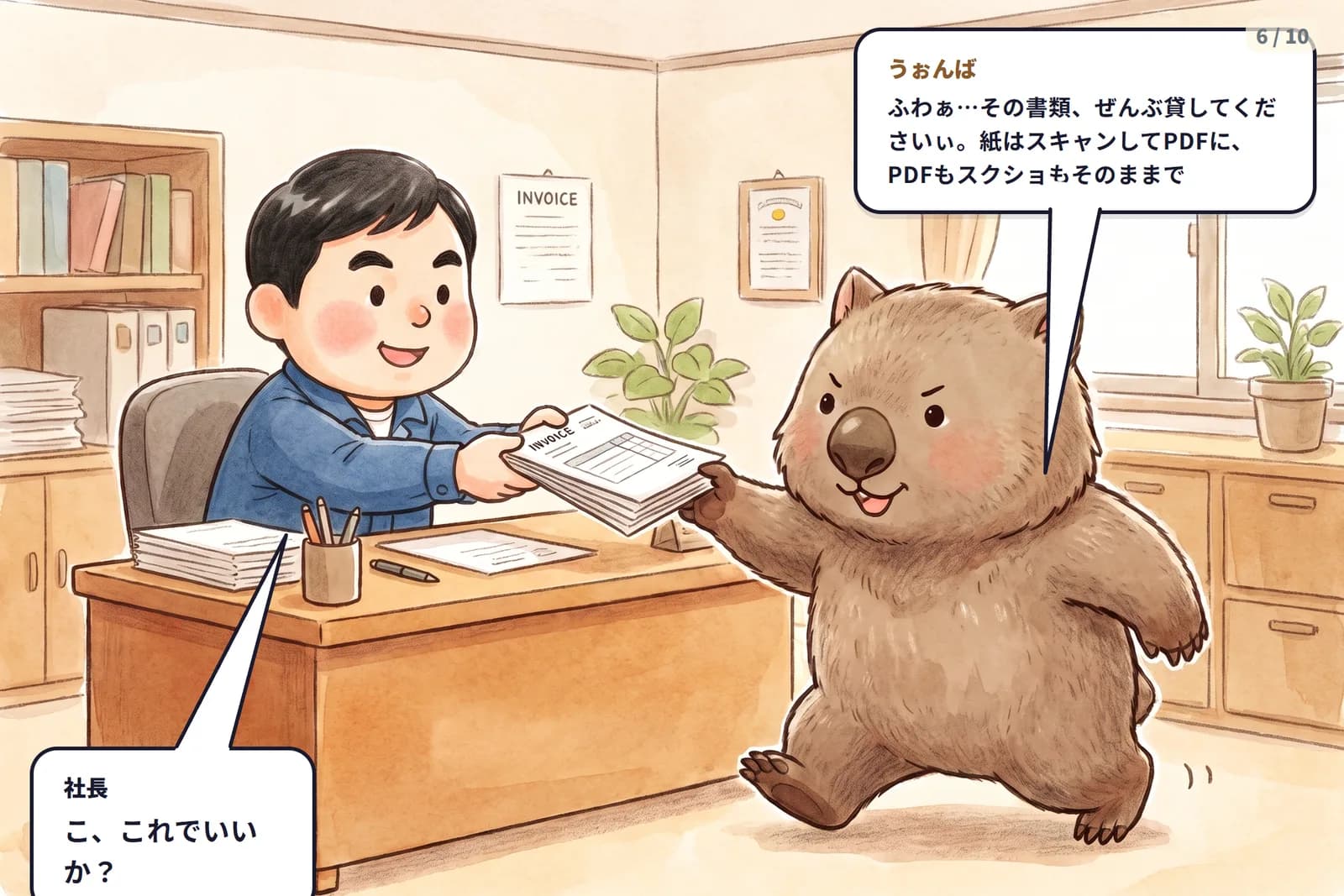 コマ6 うぉんばが「紙はスキャンしてPDFに、PDFもスクショもまとめて」と実演開始