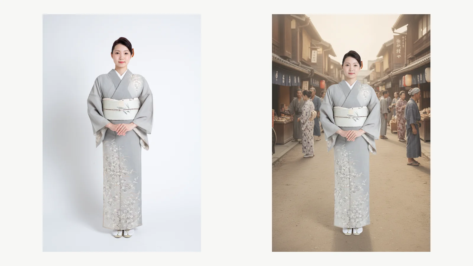 着物スタジオの出力例。左が白背景で撮った着物姿、右がそれを江戸の街並みに合成したもの