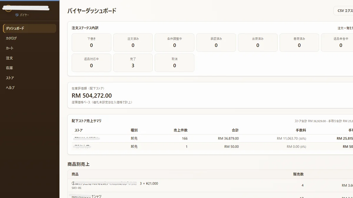 バイヤー側の画面。注文ステータスの内訳、配下ストアの在庫評価額、店舗ごとの売上サマリが縦に並んでいる